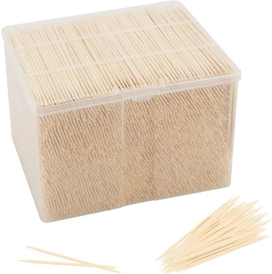 Stuzzicadenti in bambù da 3500 pezzi - Spiedini in legno per cocktail - Plettro per cocktail a doppia faccia - Bastoncini portatili per antipasto - Ideali per buffet di finger food - Contenitore in plastica robusto