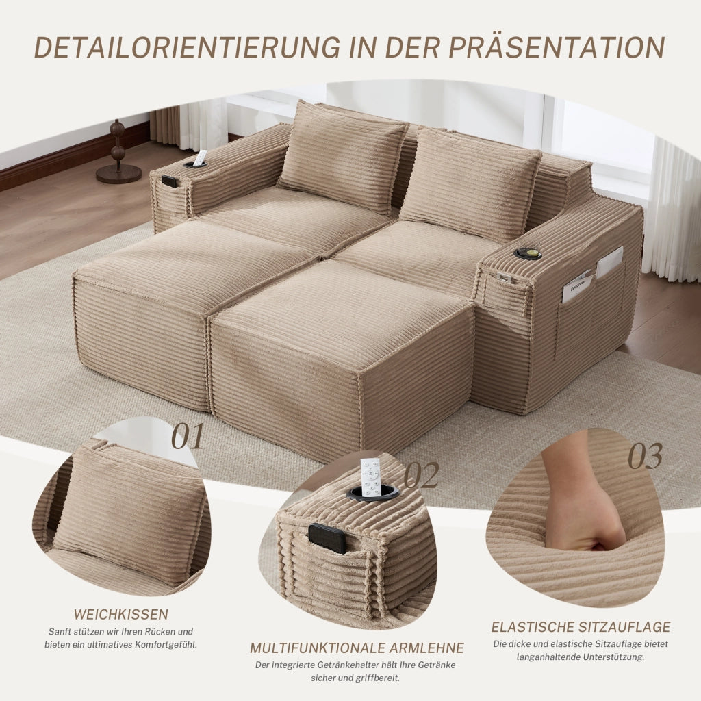 Divano modulare 2 posti in tessuto a coste con portabicchieri e tasche laterali comode khaki 188 × 162 × 75 cm
