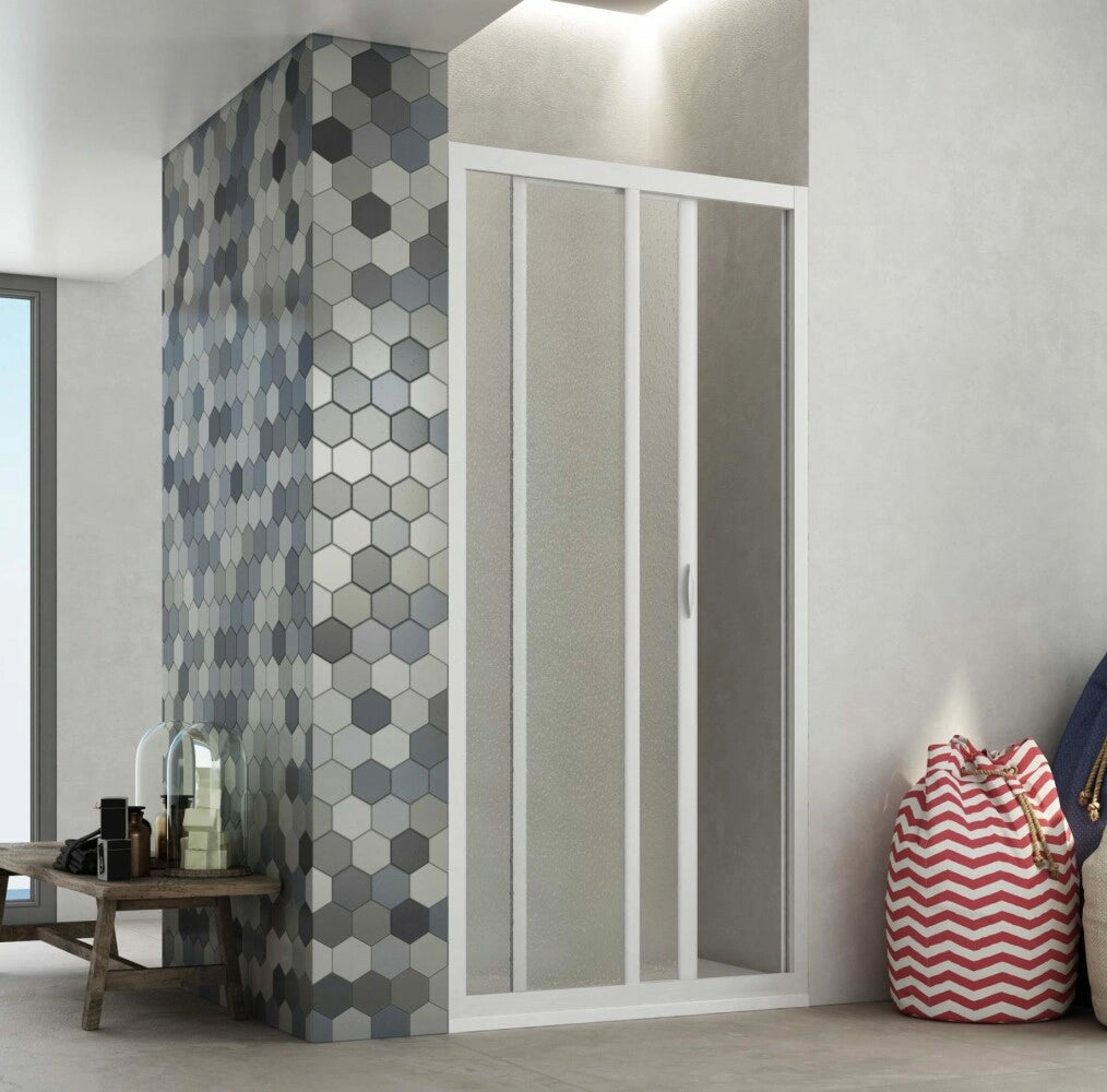 Box Porta Doccia Acrilico 2.2 MM 1 Lato Apertura Scorrevole Telaio PVC Bianco - Misura 90-100 x 185h 