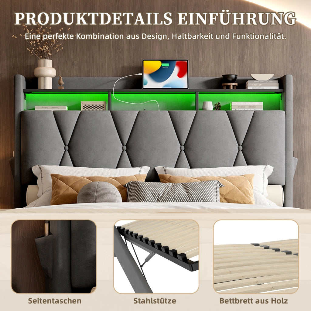 LETTO imbottito 140x200 cm in velluto grigio scuro con LED, USB Type-C e contenitore
