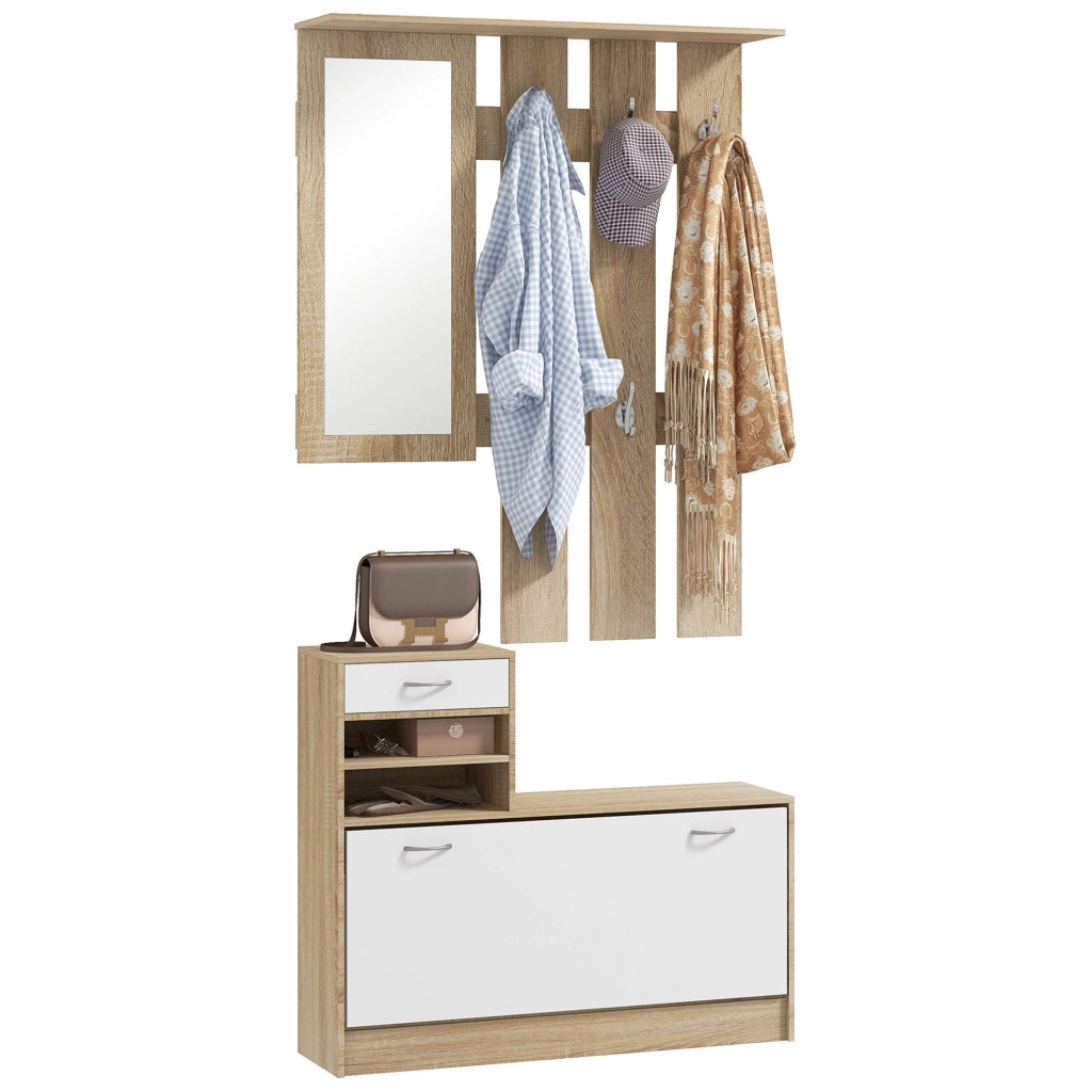 Mobile Guardaroba per Ingresso con Specchio Appendiabiti e Scarpiera Regolabile 90x24x177 cm Bianco e Quercia
