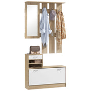 Mobile Guardaroba per Ingresso con Specchio Appendiabiti e Scarpiera Regolabile 90x24x177 cm Bianco e Quercia