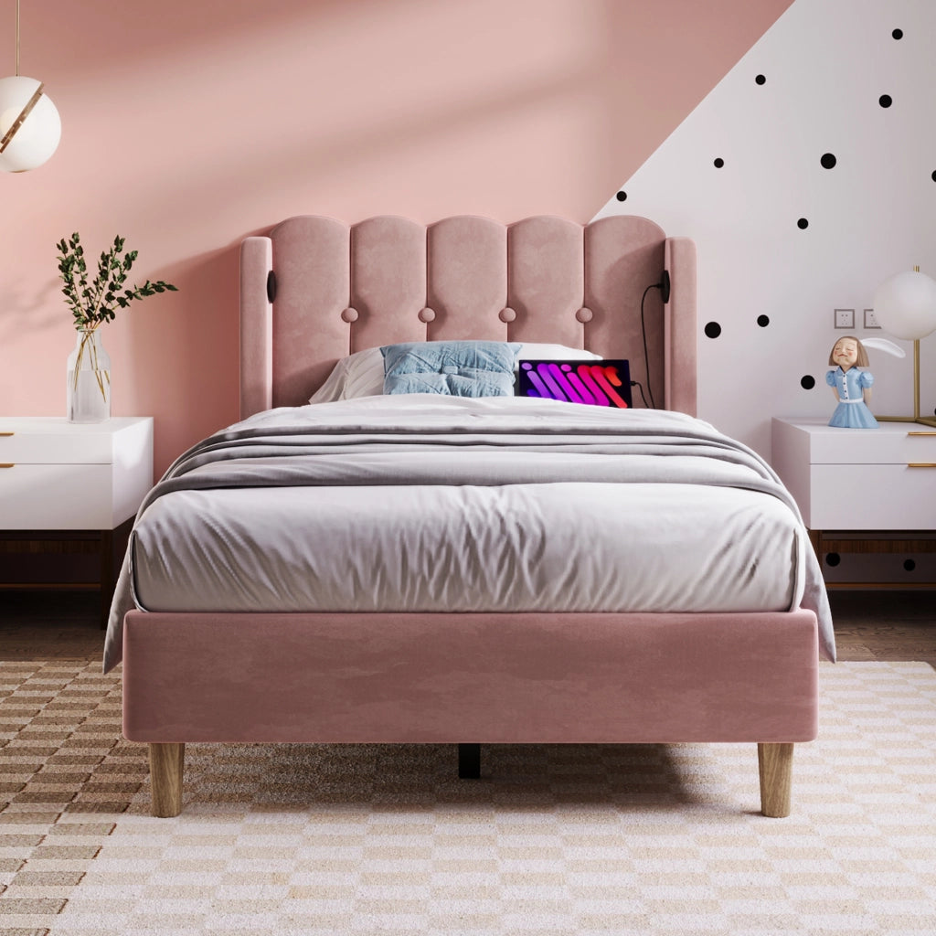 LETTO imbottito 90x200 cm in velluto rosa con porta USB Tipo C