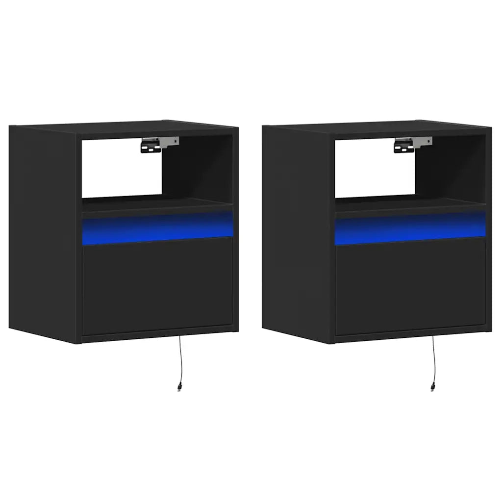 Set di 2 Comodini | Armadio da Notte | Mobiletto da notte a Parete con Luci LED Neri