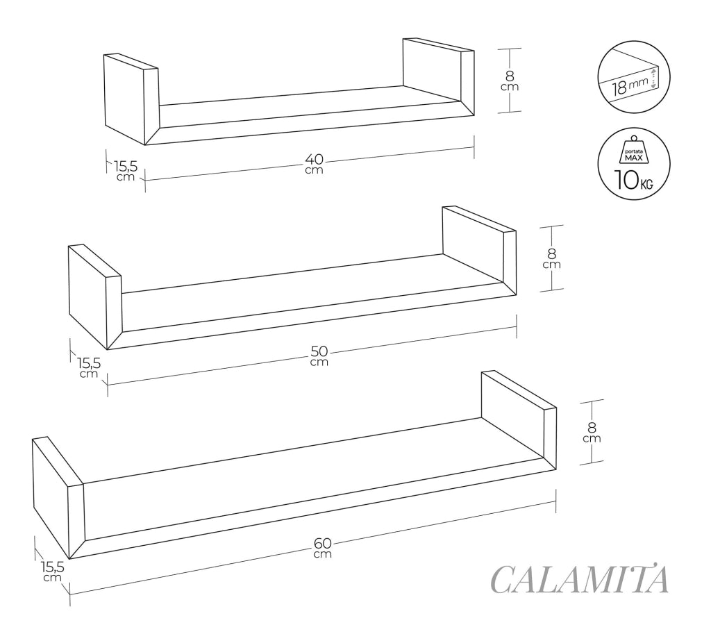 Set 3 Mensole da Parete 60-50-40x15,5x8 cm in Fibra di Legno Calamita Noce Segato