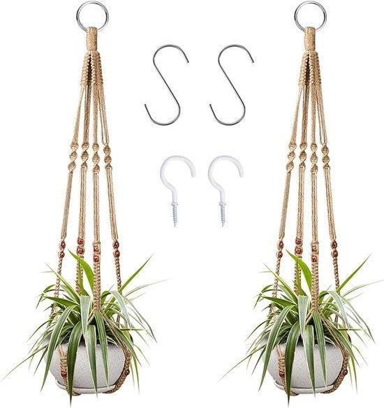 Set di 2 pendii per piante - Pendio macramé con 4 ganci (90 cm) - Utilizzabile all'interno e all'esterno