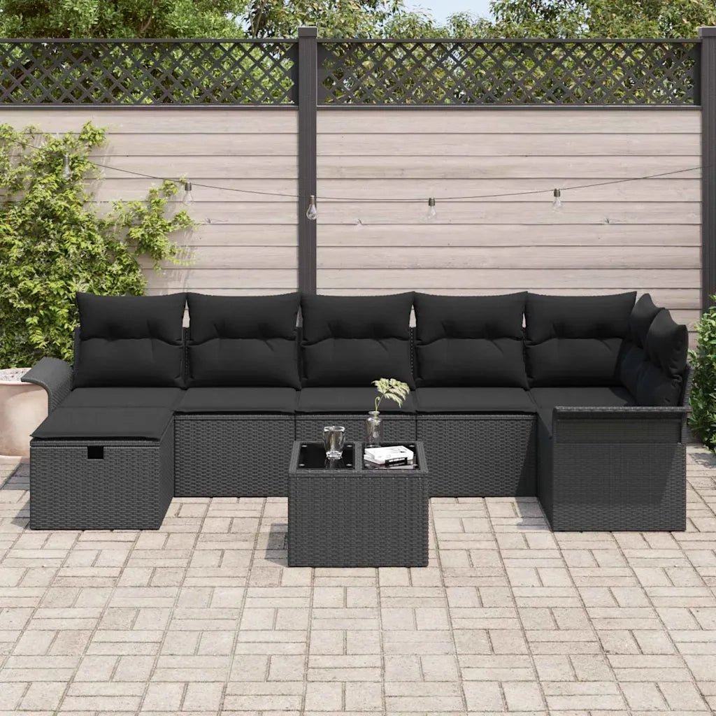 Set Divano da Giardino con cuscino 8 pcs Nero polyrattan
