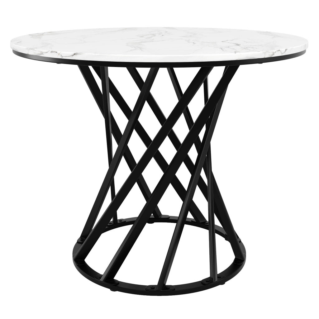 Tavolo da Pranzo Rotondo ¨C Xylo ¨C Piano MDF Effetto Marmo, Gambe in Metallo Nero, 80x80x76