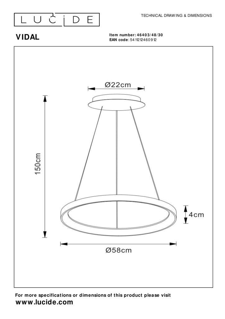 Lampada sospensione anello LED nera Lucide Vidal 48W