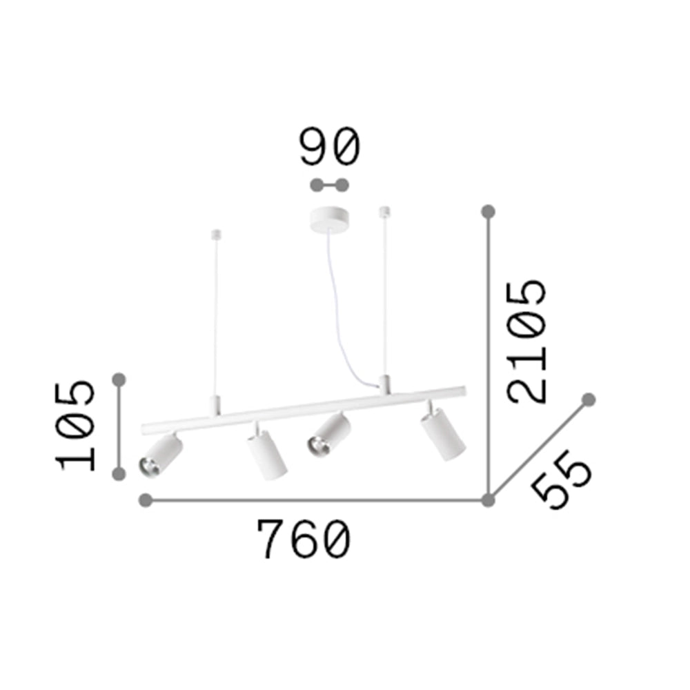 Lampadario Moderna Dynamite Metallo Bianco 4 Luci Gu10 7W 3000K Luce Calda
