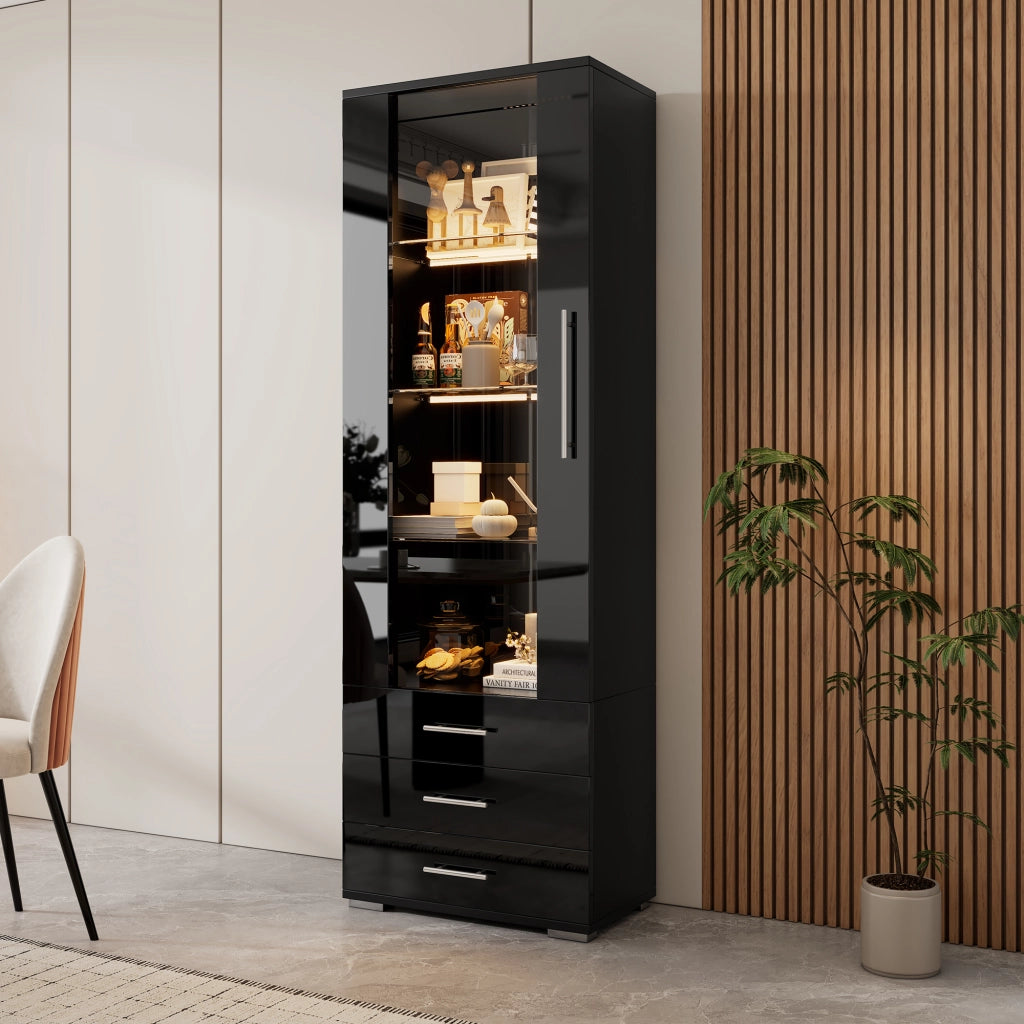 Vetrina da esposizione con LED, 1 porta e 3 cassetti, in MDF nero lucido, per soggiorno 60 × 35 × 180 cm