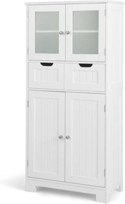 Armadio da Terra con 4 Ante, Mobile da Bagno con 2 Ante in Vetro 2 Cassetti e Ripiani Regolabili, Armadio Multifunzionale per Bagno e Soggiorno, 60x30x128cm (Bianco)
