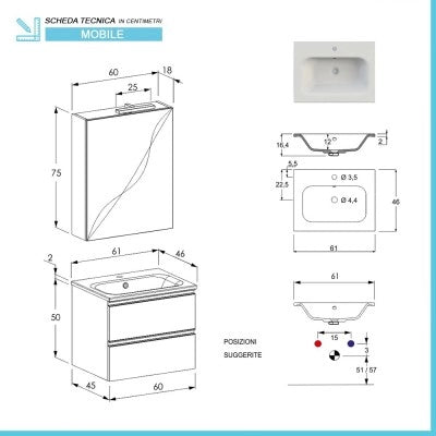 Mobile bagno sospeso 60 cm bianco opaco con lavabo e specchio contenitore Master