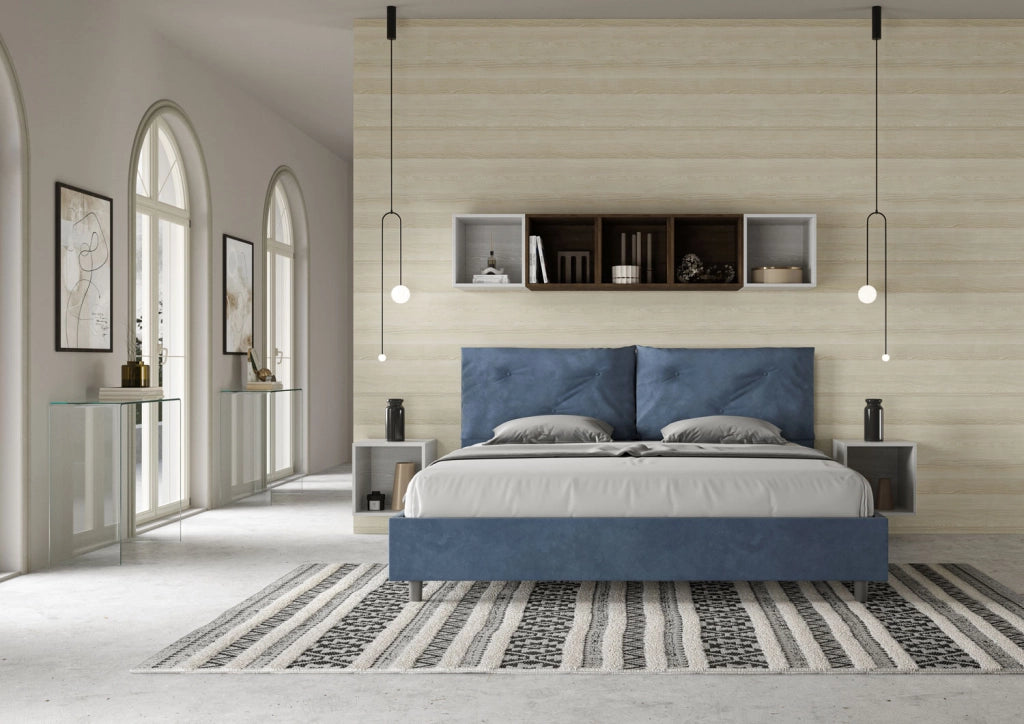 BS COM Letto matrimoniale king size contenitore imbottito 190x210 microfibra blu Large