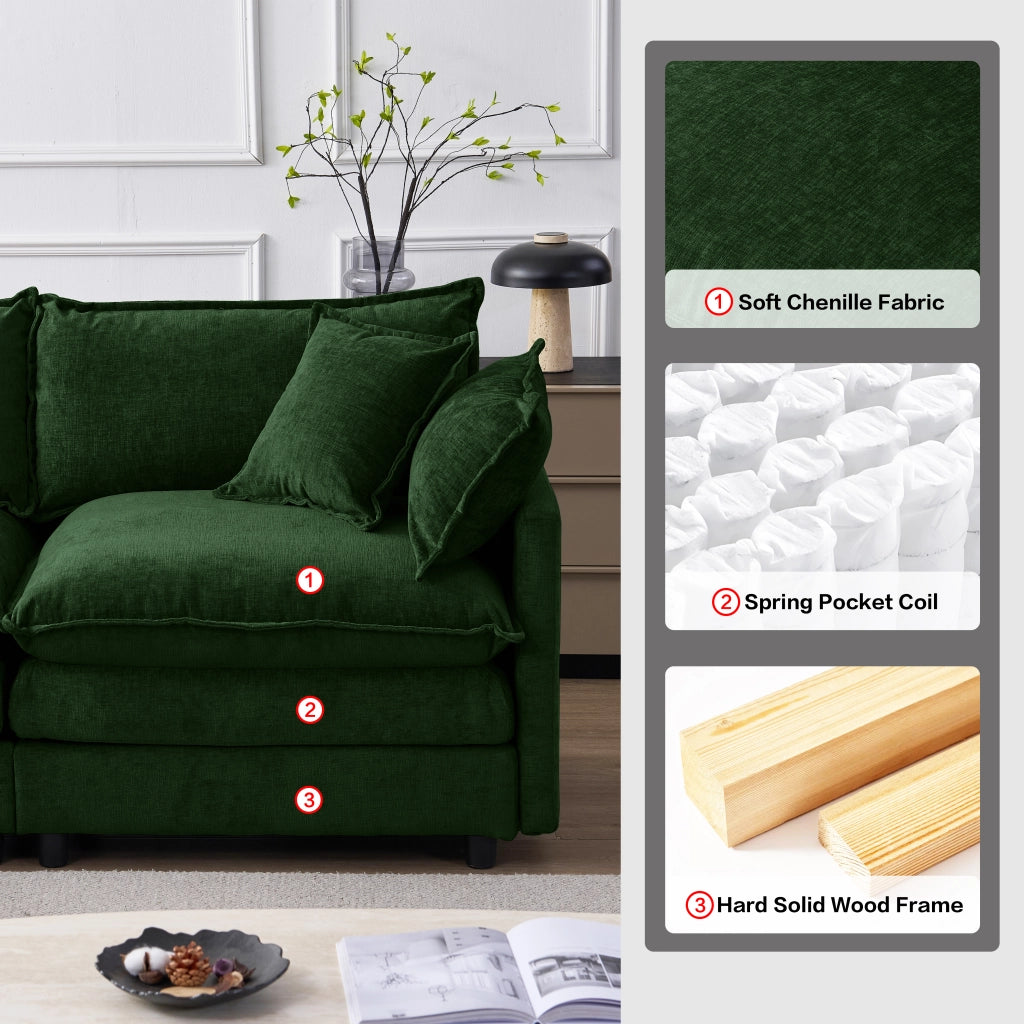 Divano angolare modulare a 3 posti con chaise longue e pouf in chenille verde
