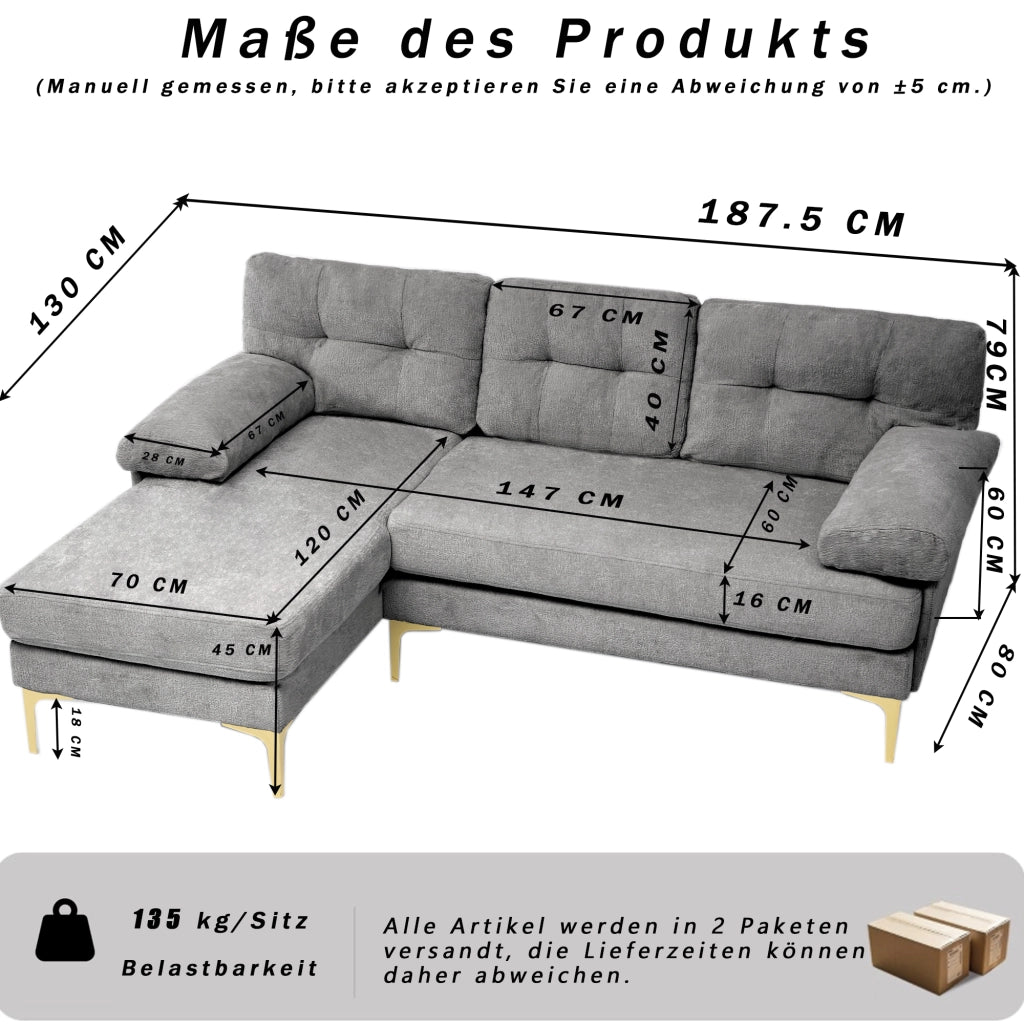 Divano angolare reversibile a 3 posti con cuscini imbottiti e braccioli, in legno e chenille grigio