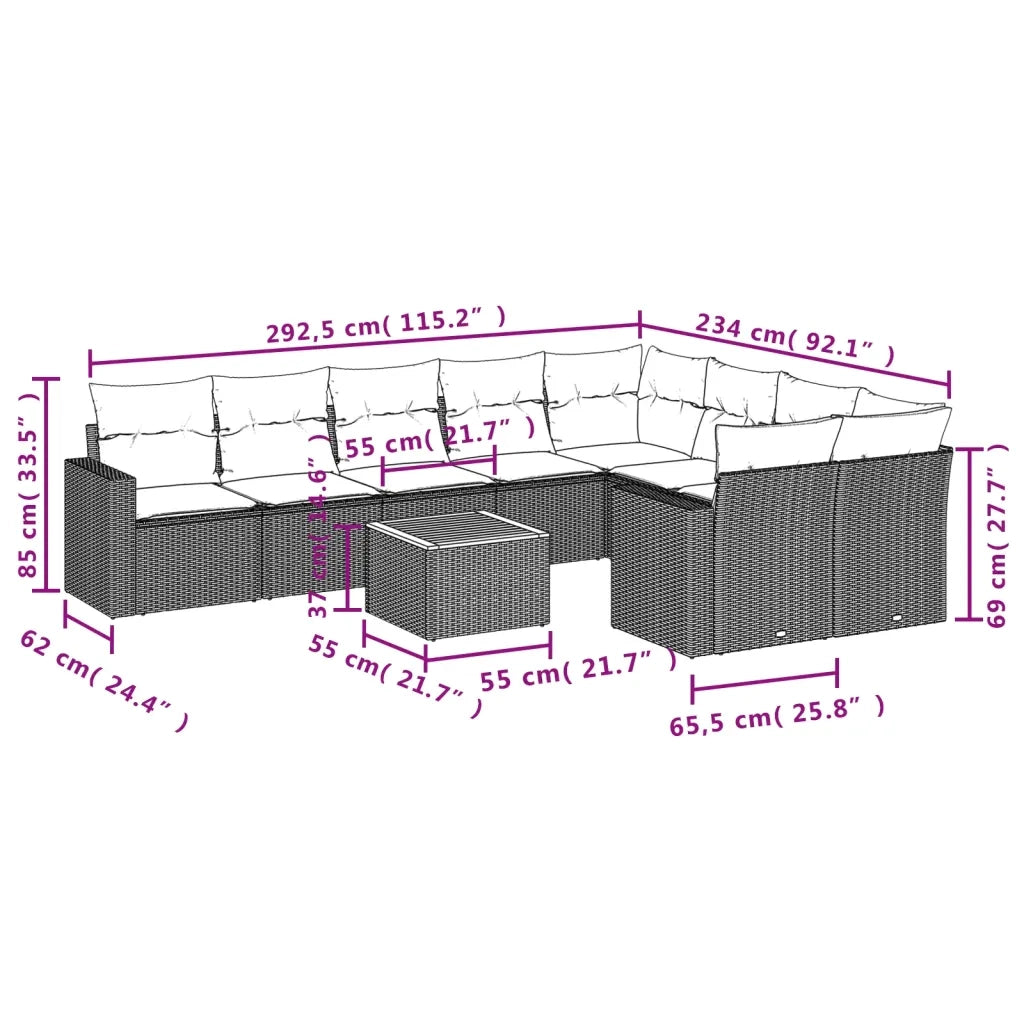 Set Divani da Giardino 10pz con Cuscini in Polyrattan Nero 3224277