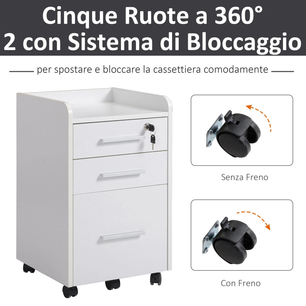 Cassettiera Portadocumenti da Ufficio 39,2x40x65,4 cm 3 Cassetti  Bianca