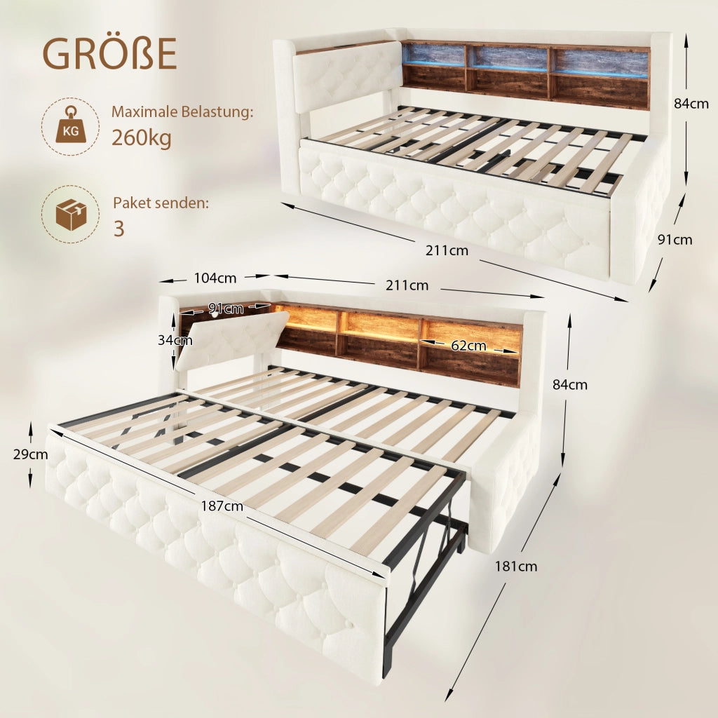 DIVANO LETTO Estraibile 90x190 cm Velluto Beige con USB e Type-C