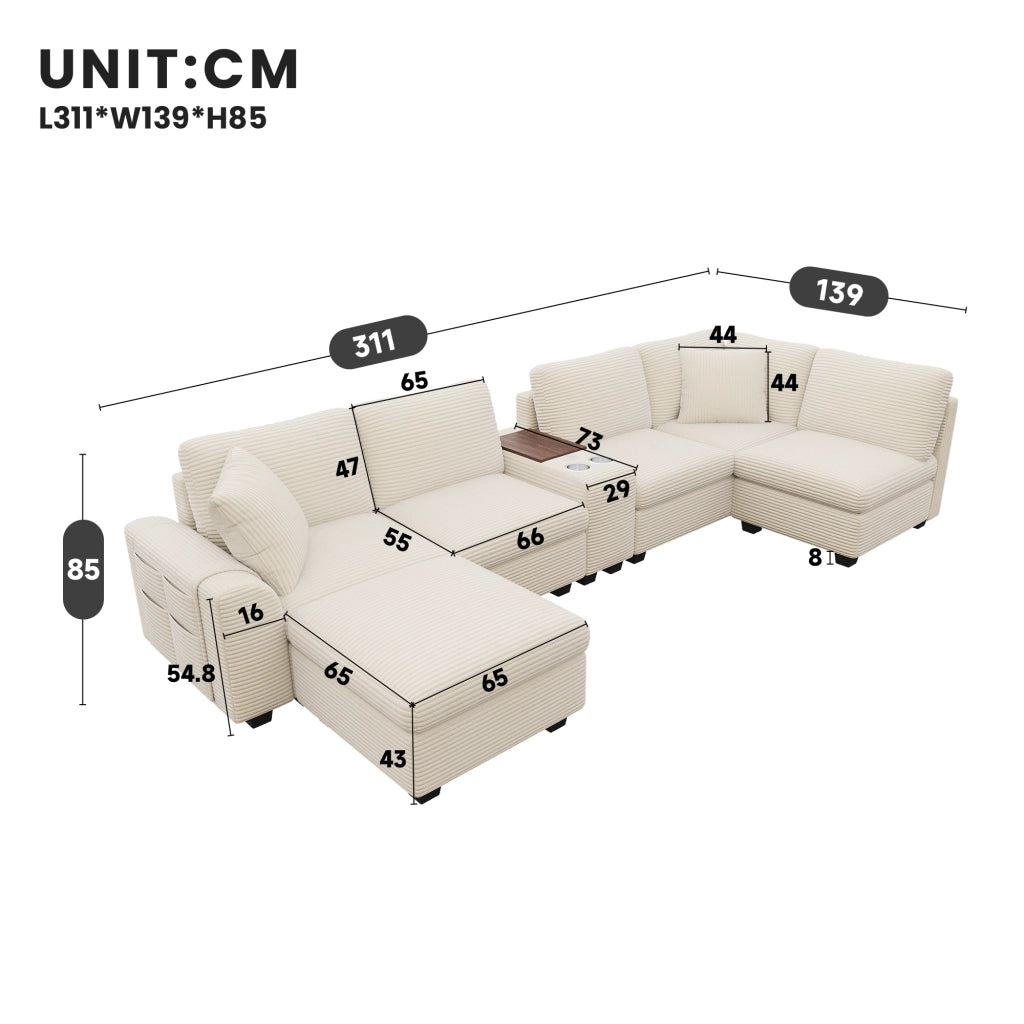 Divano angolare modulare 6 posti con pouf contenitore console mobile e porte usb type c in tessuto beige