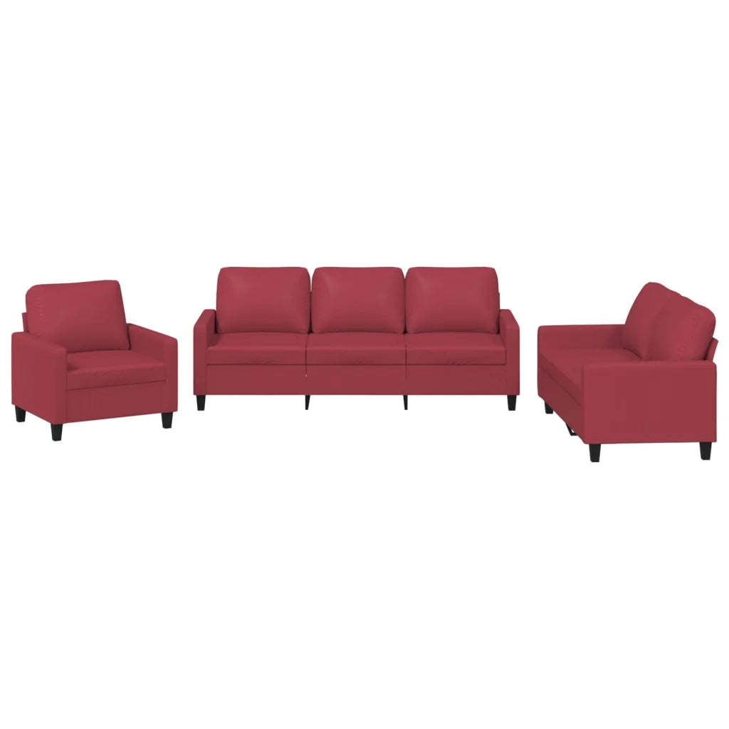 Set di Divani 3 pz con Cuscini Rosso Vino in Similpelle