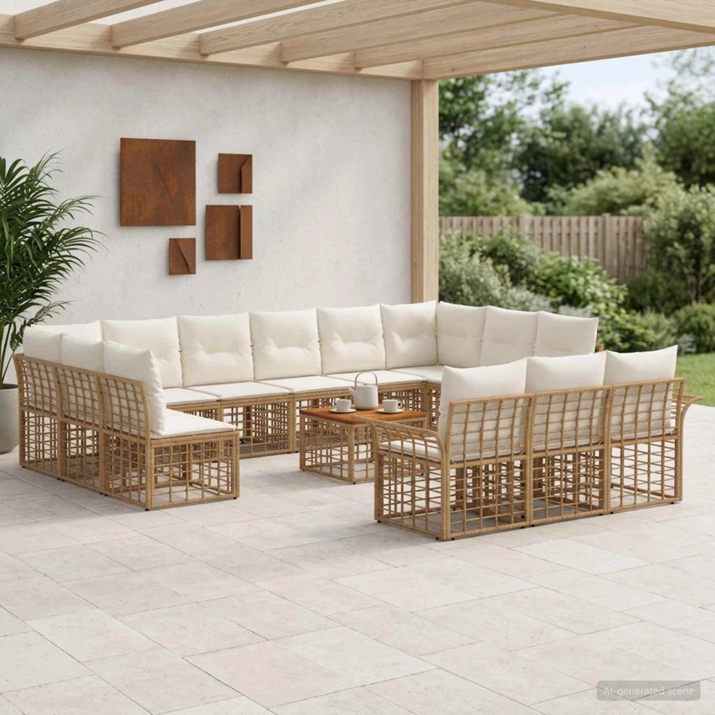 Set di divani da esterno 14 pz Naturale e Bianco Crema 3437792