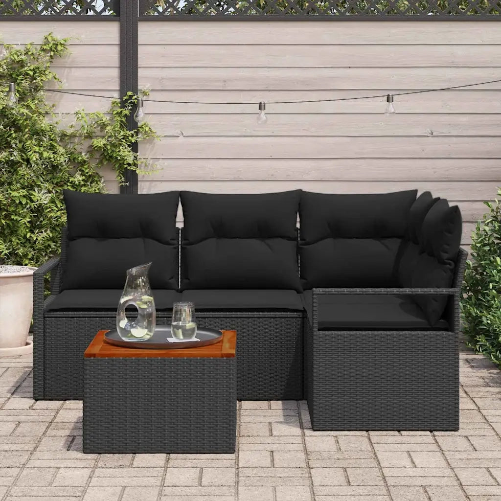 Set Divano da Giardino con cuscino 5 pcs Nero polyrattan