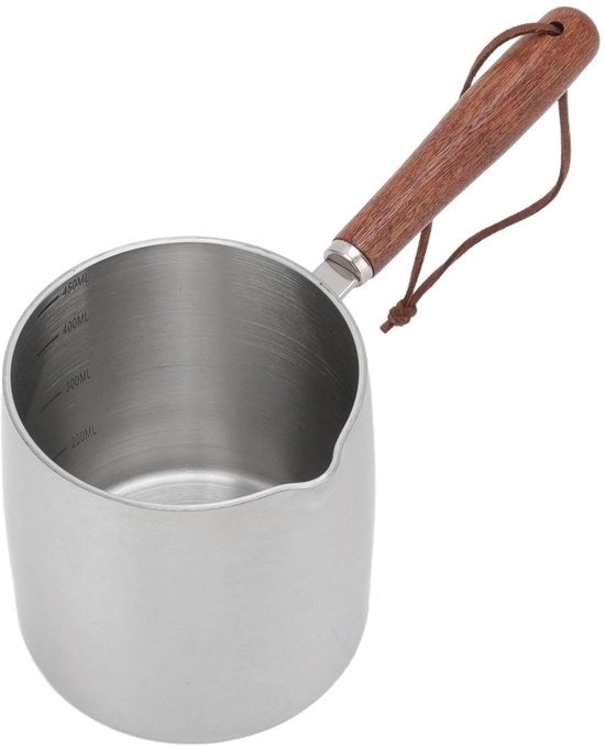 Fornello per burro 450ML - Pentola per burro in acciaio inossidabile - Maniglia in legno - Piccola pentola - Per cioccolato/melata/caffè - Dimensioni compatte 8,5 x 8,5 x 9,5 cm