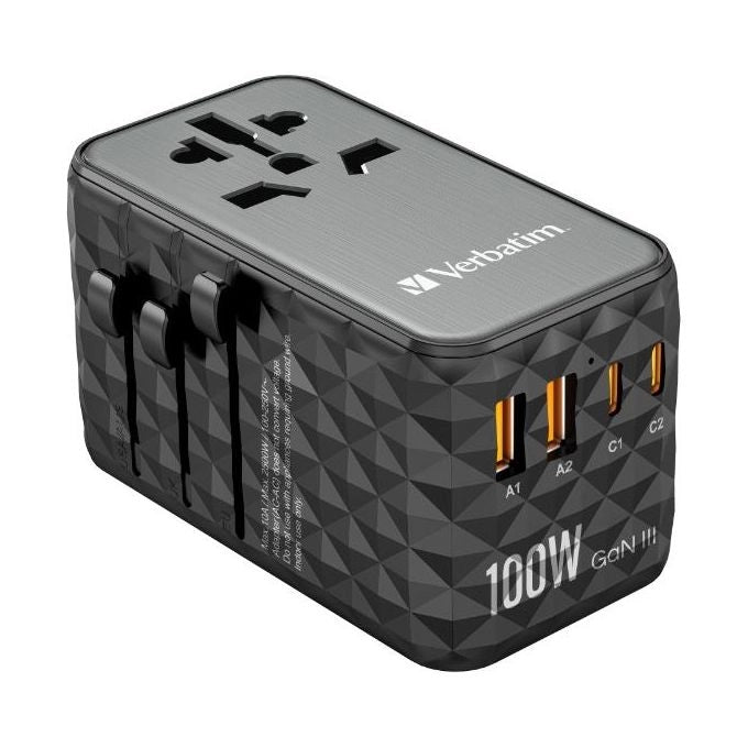 Verbatim 32121 Adattatore di Viaggio Universale UTA-06 con Tecnologia GaN III 2 Porte USB-C PD QC 4+ 2 Porte USB-A QC 3.0 Potenza Massima 100W colore Nero