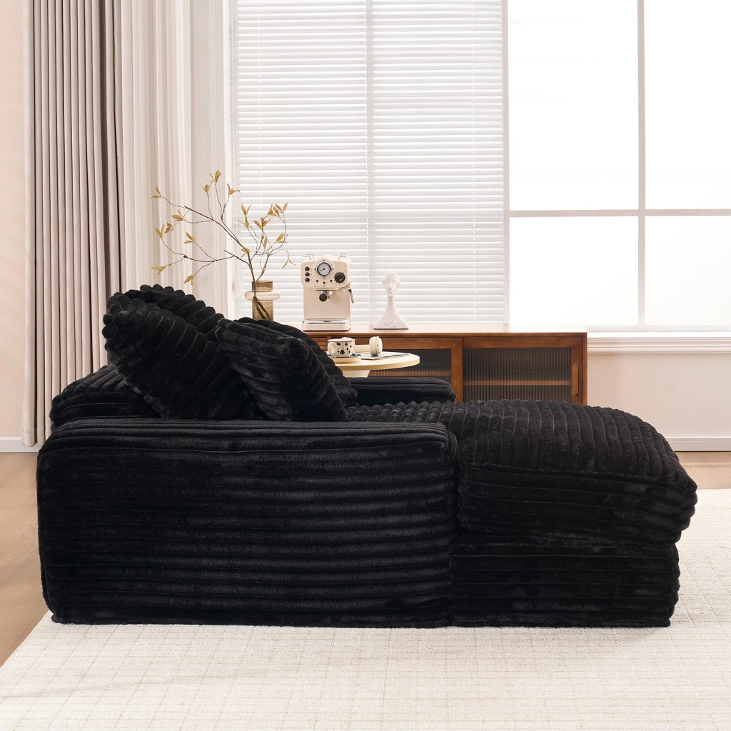 Méridiana in tessuto a coste con 4 cuscini sfoderabili e supporto ergonomico in schiuma nera 175 × 137 × 63 cm