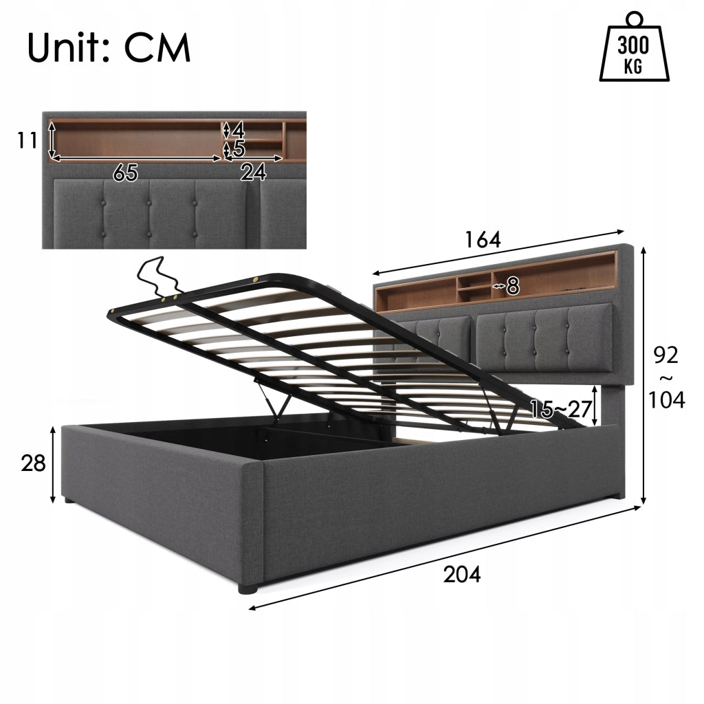 Letto imbottito 160x200 grigio con USB, telaio - Xylo