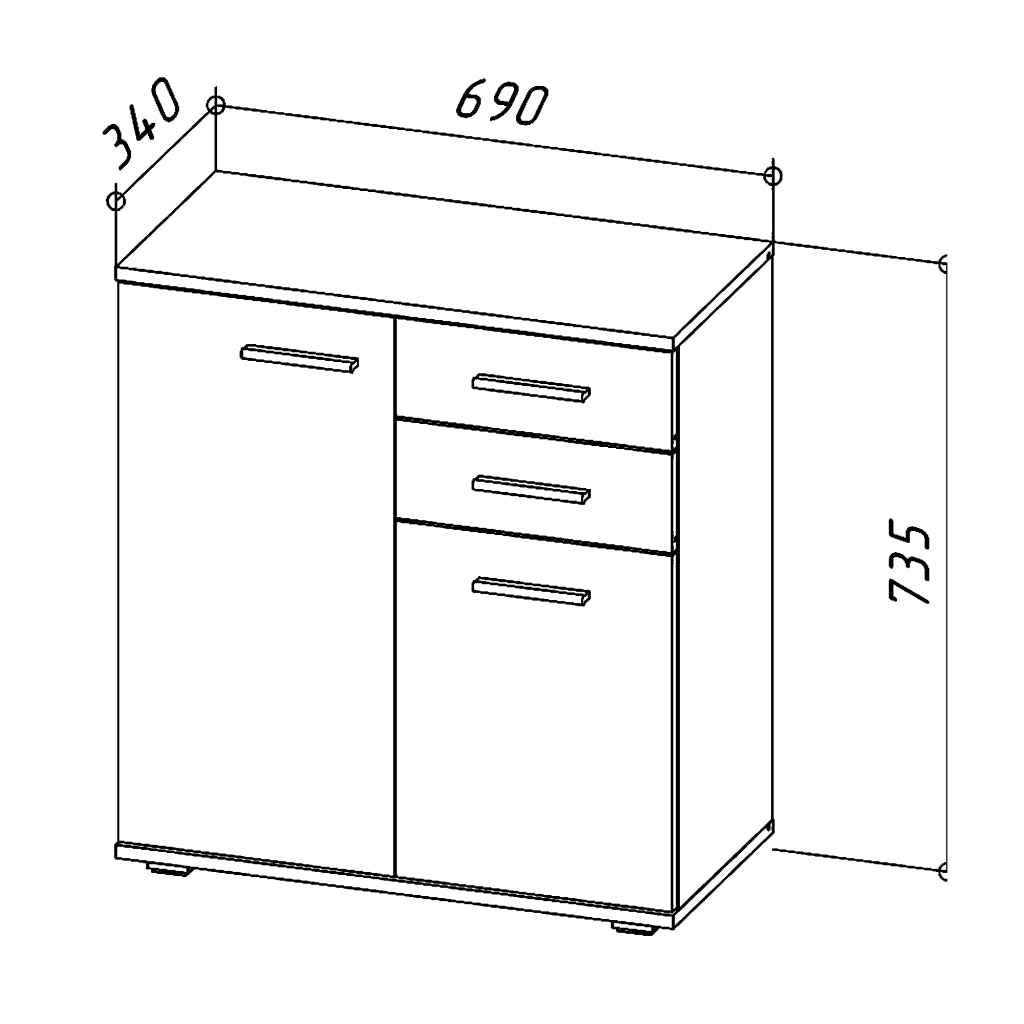 Commode FAUSKE - Capiente - 2 Ante - Rovere Sonoma - Bianco - Larghezza 69 cm, Altezza 74 cm, Profondit? 34 cm