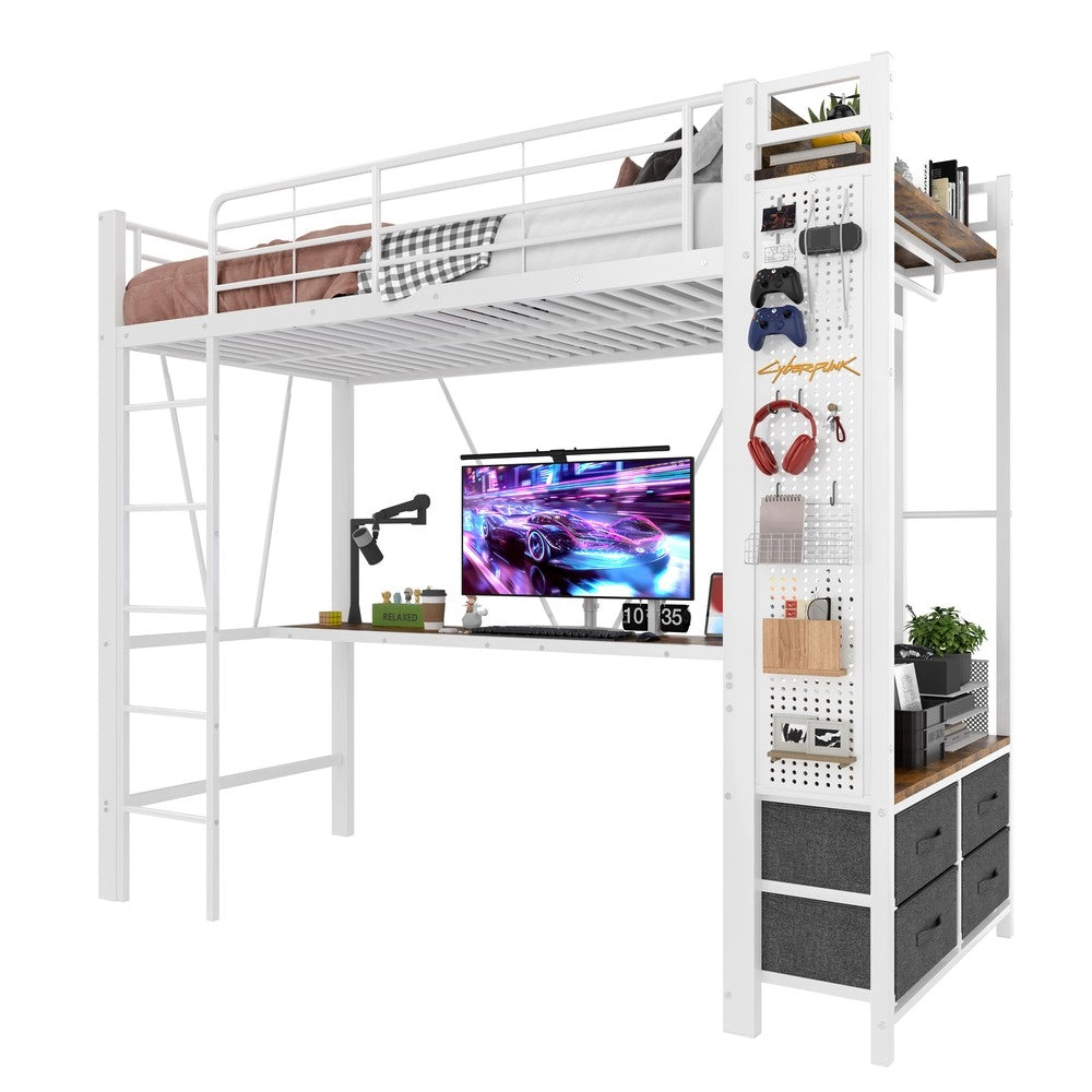 Letto a Soppalco con Scrivania e LED ¨C MINIMAL ¨C Bianco, 90x200, 4 Cassetti, USB