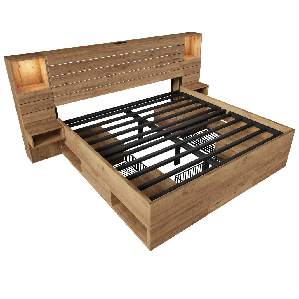 Letto legno 180x200 LED USB Type-C vano cassetti rovere