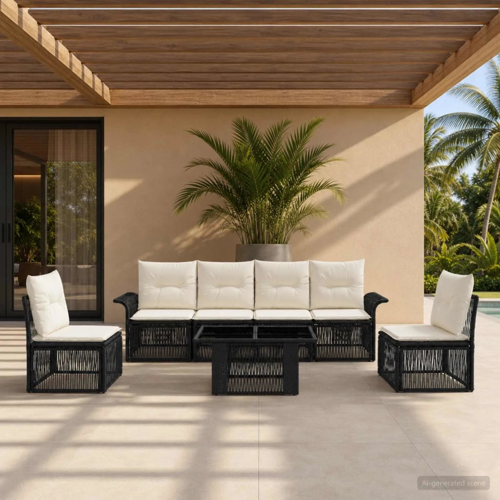 Set Divano da Giardino 7 pz Nero e Bianco Crema polyrattan 3436618