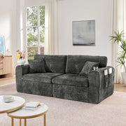Divano a 2 posti compatto con tasche laterali portabevande e cuscini in chenille nero 220 × 100 × 89 cm