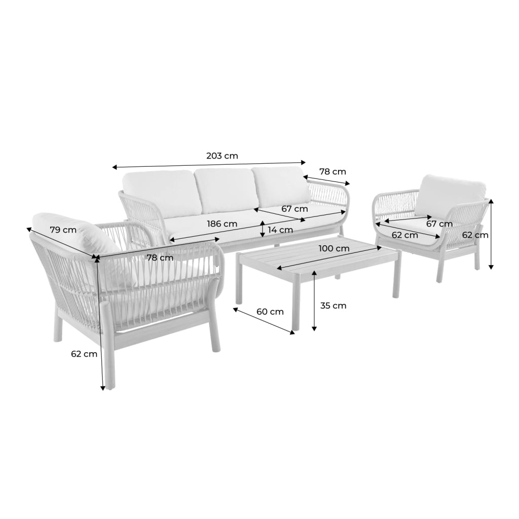 Salotto da giardino in acacia con corda, 5 posti, beige