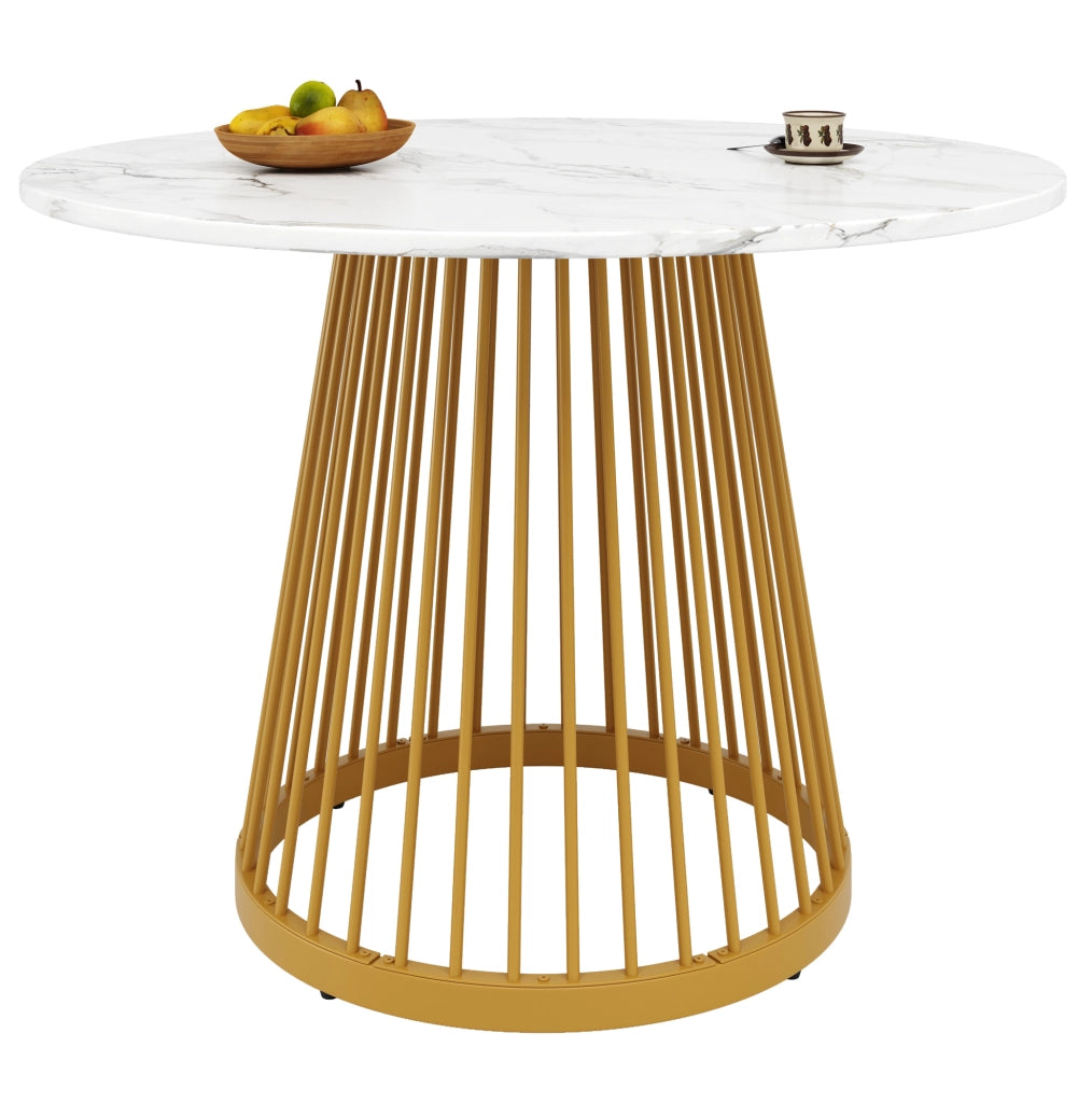 Tavolo da pranzo rotondo 80x80x76 cm in MDF e metallo; bianco e oro