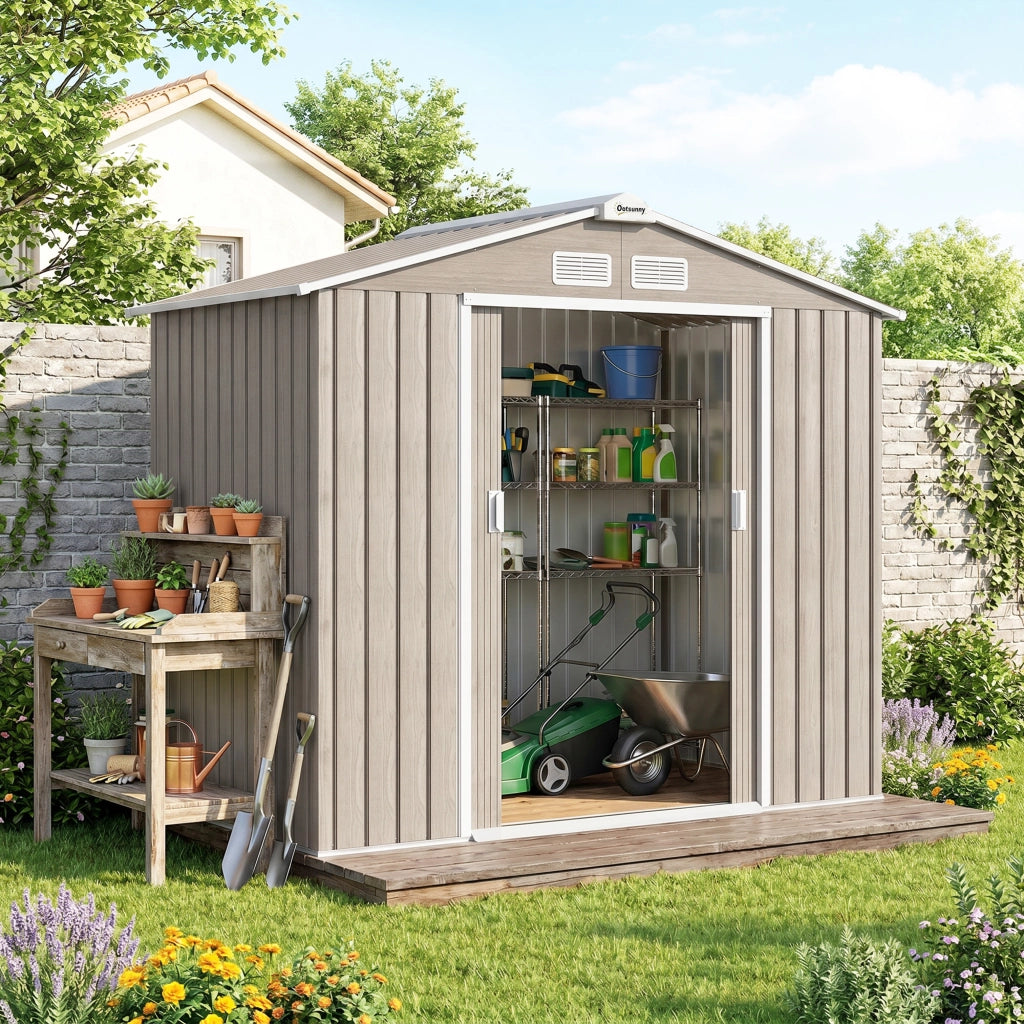 Casetta da Giardino ¨C zephmum ¨C Effetto Legno 213x130x185 cm con 2 Porte Scorrevoli e 4 Finestre