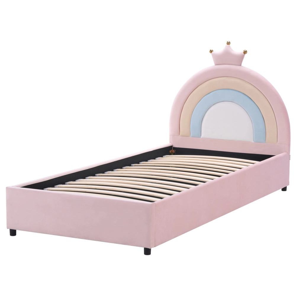 Letto singolo in velluto blu imbottito con base a doghe e contenitore rosa 90 x 200 cm Cameretta Bambini Moderna Tradizionale