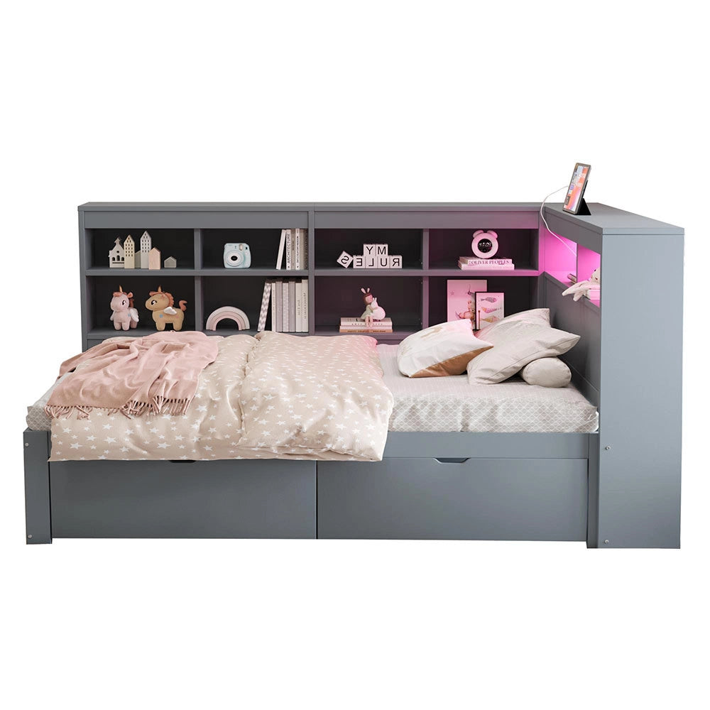 Divano letto legno 90x200cm - Xylo - grigio, USB/LED, ripiani, spazio