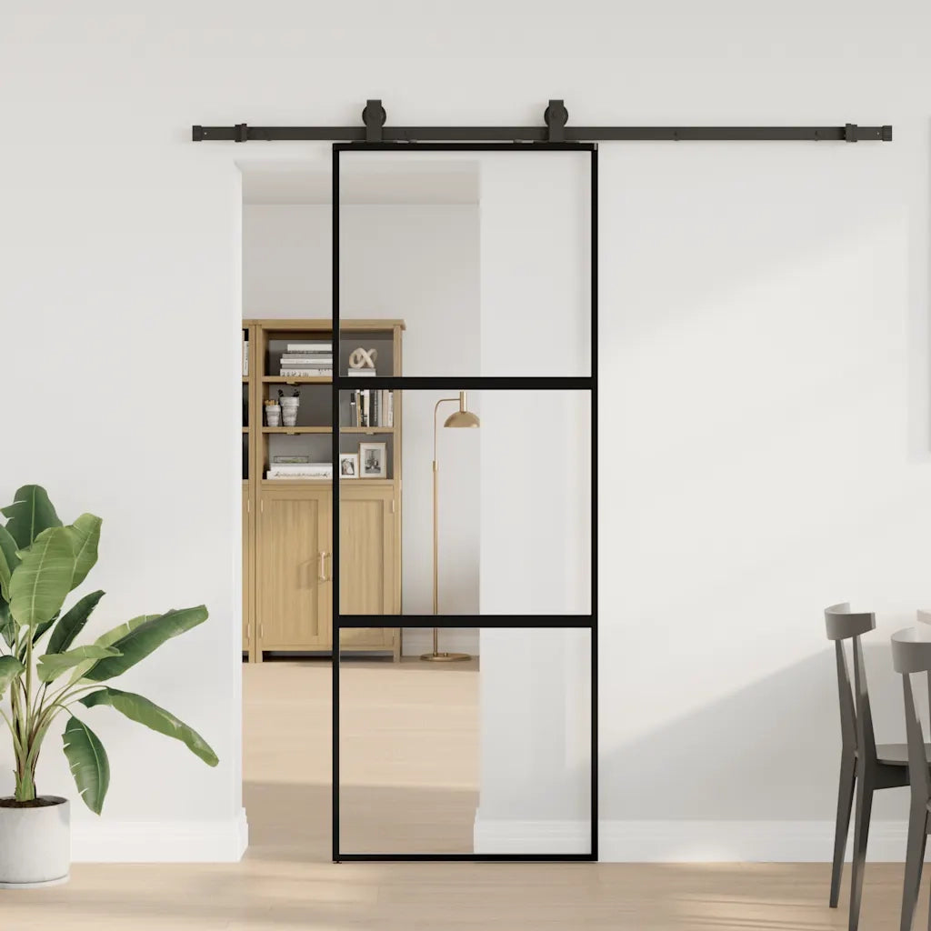 Porta Scorrevole Set Ferramenta Nera 76x205 cm Vetro Temperato 3375874