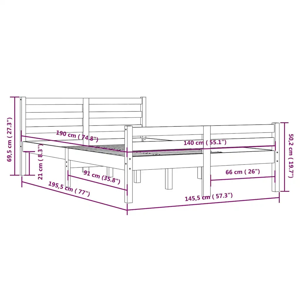 Letto matrimoniale | Letto per adulti | Giroletto Grigio in Legno Massello 140x190 cm