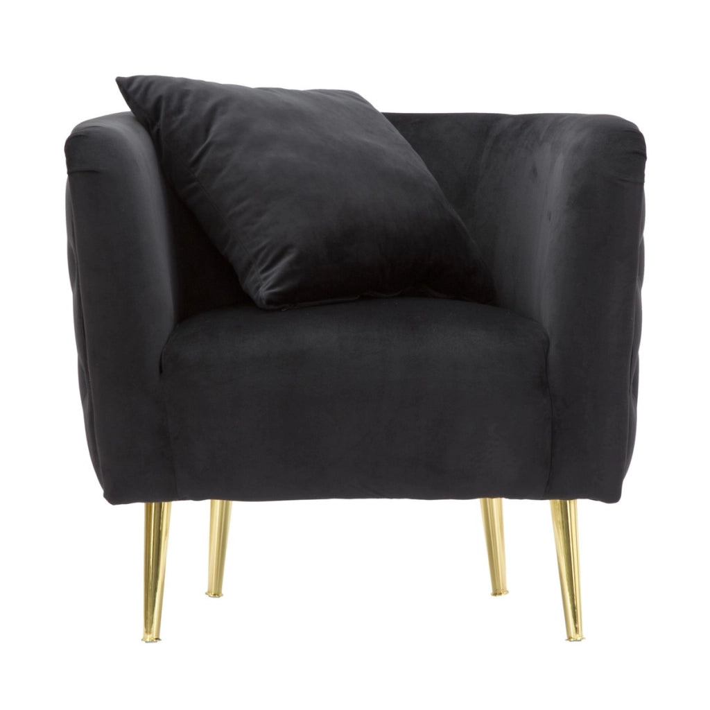 Poltrona Bucarest in velluto nero con braccioli capitonne e gambe oro 76x74x71 cm