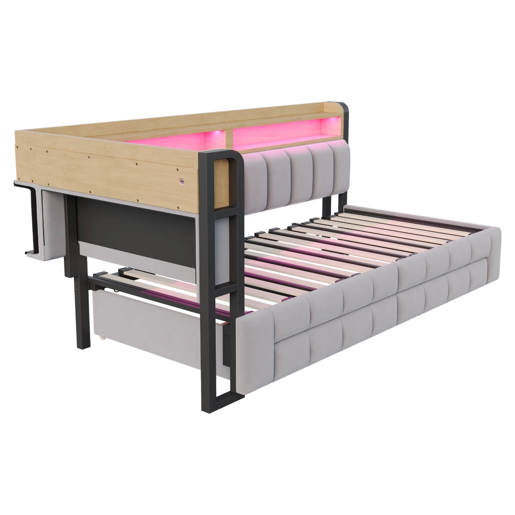 Letto Divano singolo con 2 cassetti; ripiani; LED regolabile; USB e Type-C; 90 × 200 cm; senza materasso