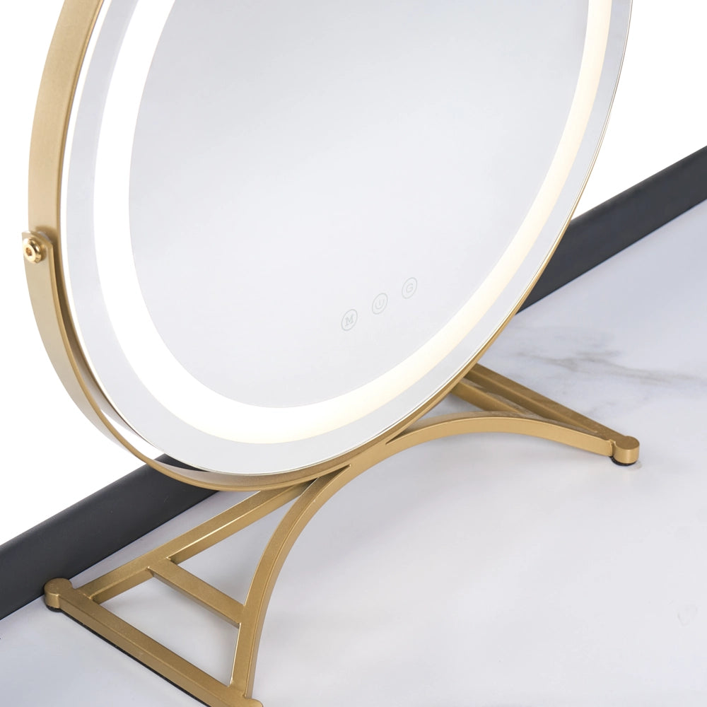 Toeletta con 2 cassetti specchio LED grigio e oro con sgabello camera da letto elegante