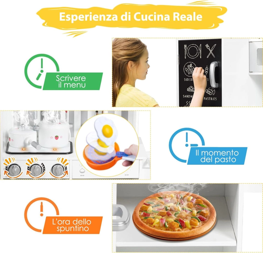 Cucina Giocattolo per Bambini, Cucina per Bambini con Suoni, Lavagna, Lavello, Piano Cottura e Vari Scomparti, 3 Anni+