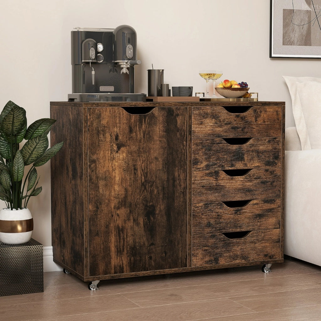 Mobiletto con 5 cassetti e anta per ufficio a casa, Carrello con ripiano regolabile e 5 rotelle Marrone