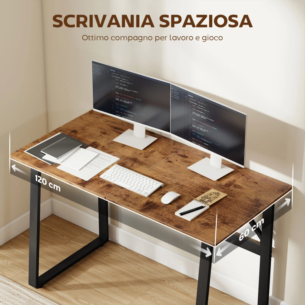 Scrivania per Camera Stile Industriale 120x60x76 cm con Angoli Arrotondati in Legno e Acciaio Nero e Marrone