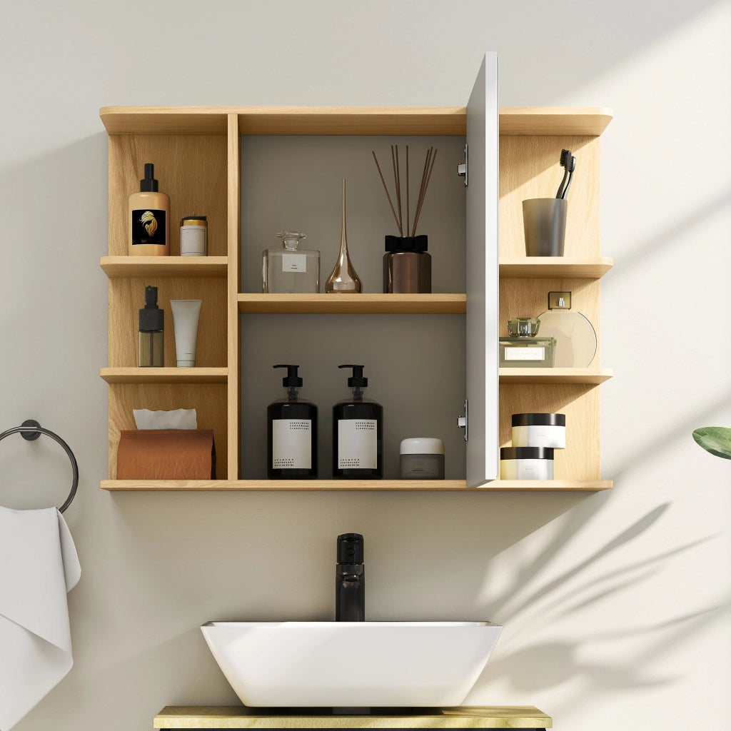 Armadietto Bagno con Specchio e Ripiani ¨C Zephmum ¨C Legno Naturale 80x20x59 cm